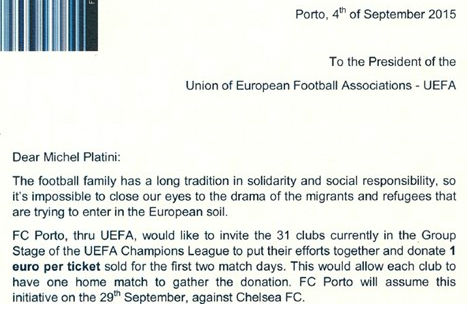 Carta do FC Porto à UEFA (refugiados)