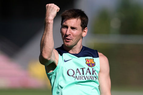 Messi celebra em treino do Barcelona